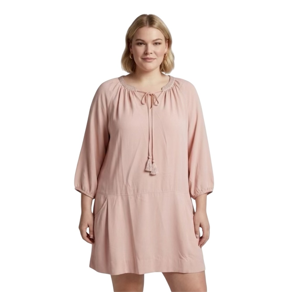 Boho Tassel Tie Neck Shift Dress Blush Pink Balloon Sleeve with Pockets 2X